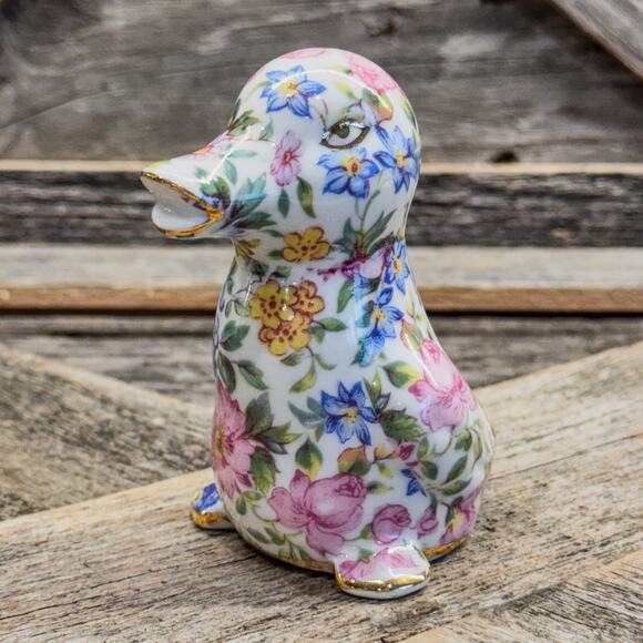1980 Vintage Nantucket Chintz Porcelain Duck Figurine w/ Gold Accents, 3.5”H - Picture 10 of 10
